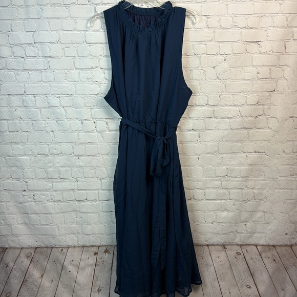 BloomChic Blue Sleeveless Frill Trim Belted Mock Neck Pocket Dress Plus Size 3X - Picture 2 of 7